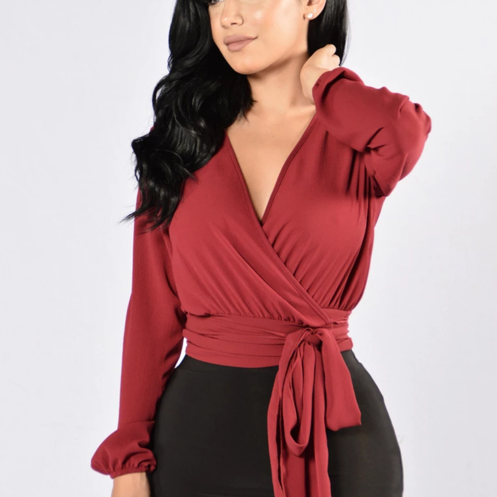 Burgundy Crop Top with Puff Sleeve